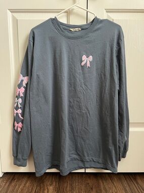 Simply Southern Gray Long-Sleeve Tee with Pink Bow Motifs
